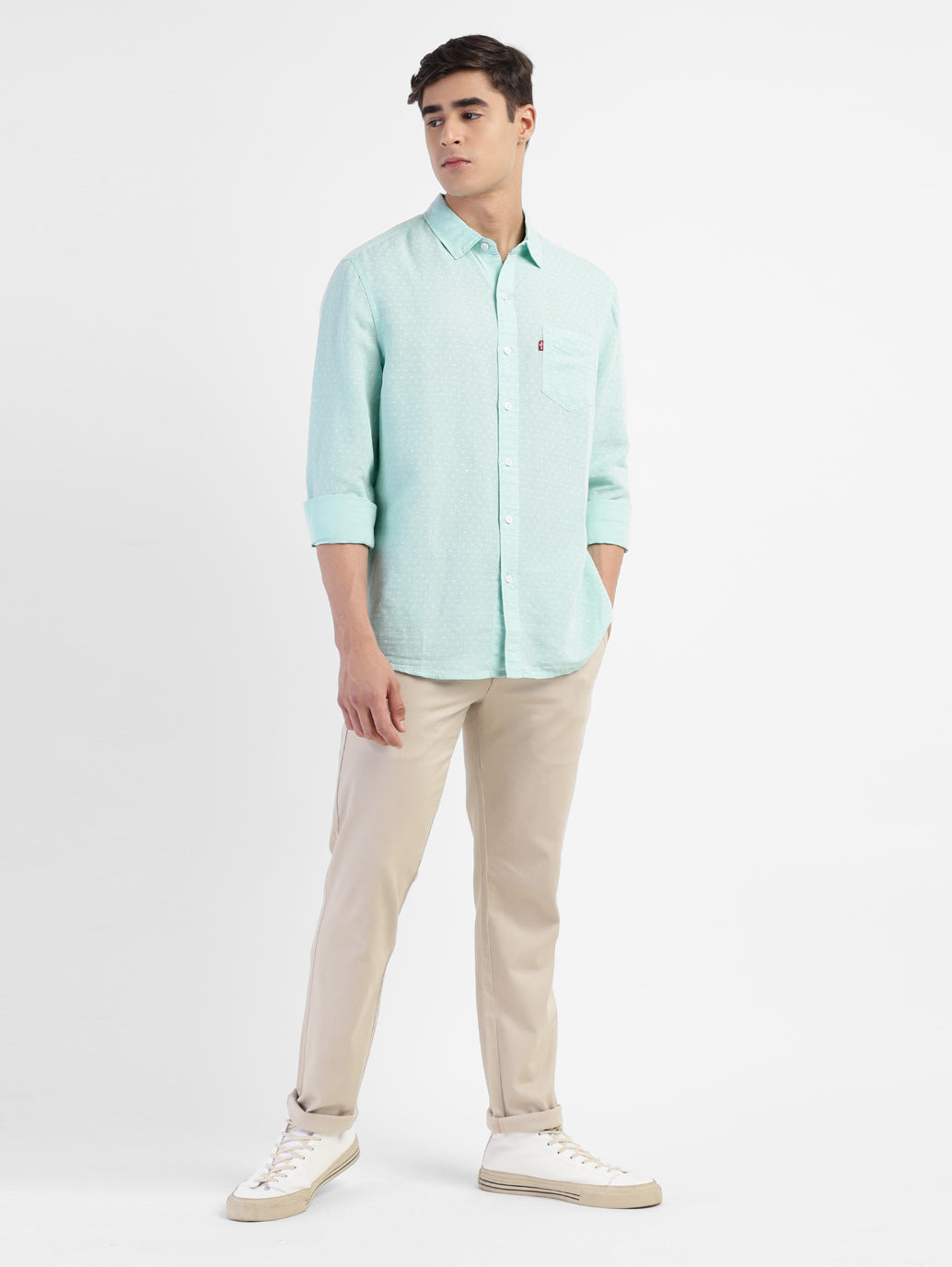 Men's Polka Dot Spread Collar Linen Shirt