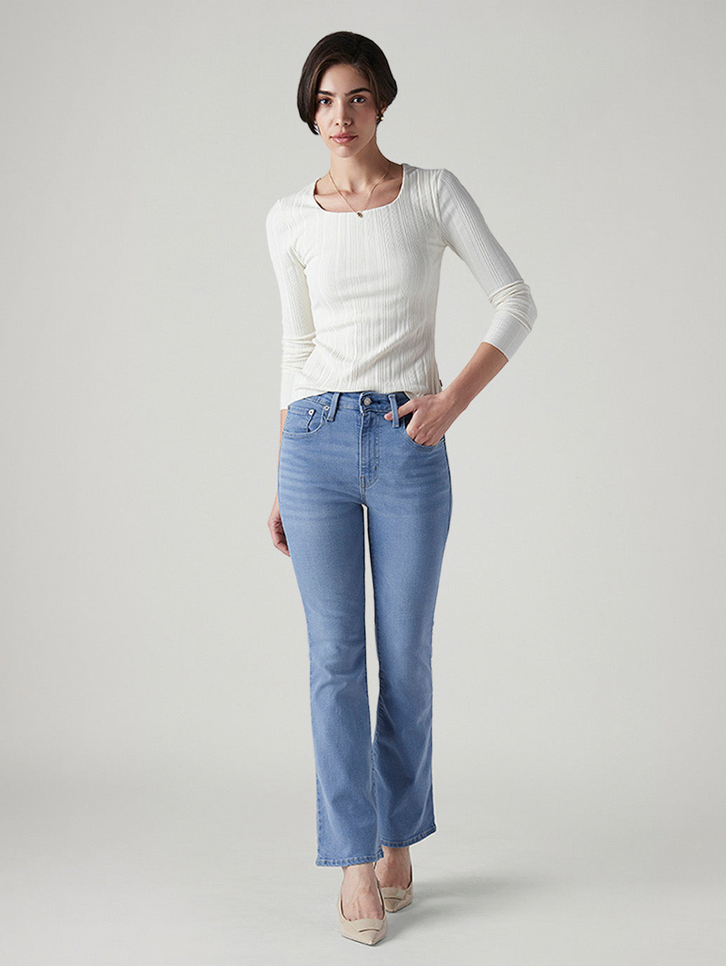 Women's 725 Light Blue Bootcut Fit High Rise Jeans - Styleshot View