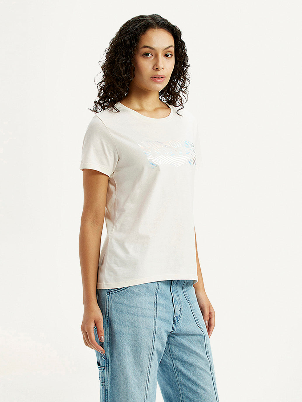 Women's Brand Logo White Crew Neck T-shirt - Side View