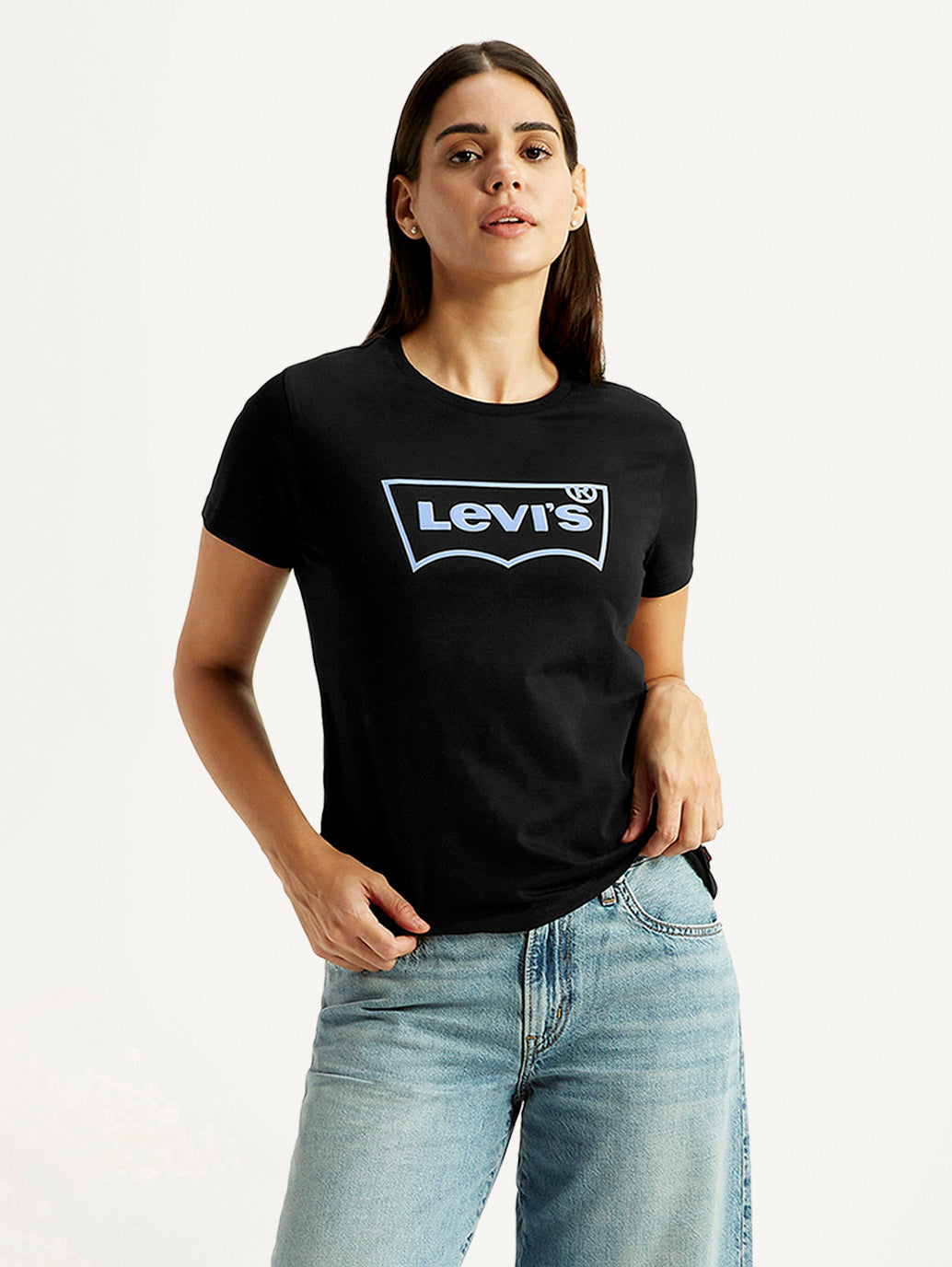 Women's Brand Logo Black Round Neck T-shirt