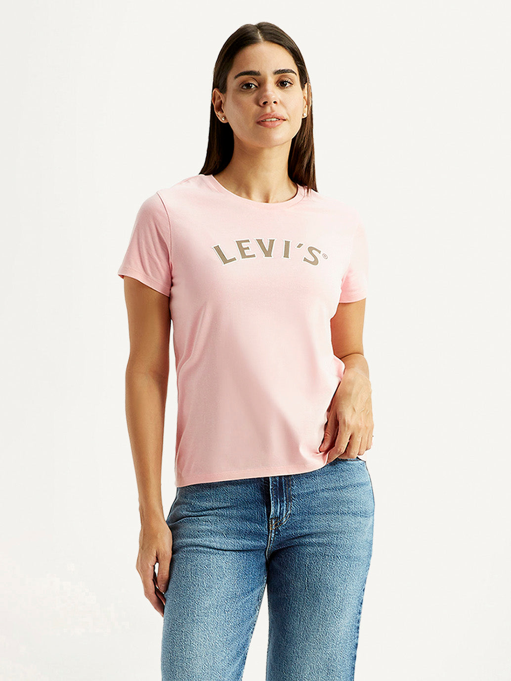 Women's Brand Logo Light Pink Round Neck Relaxed Fit T-shirt