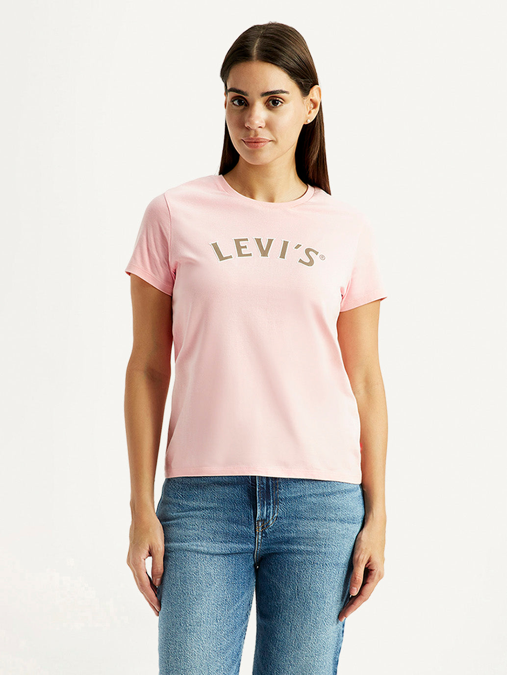 Women's Brand Logo Light Pink Round Neck T-shirt - Front View