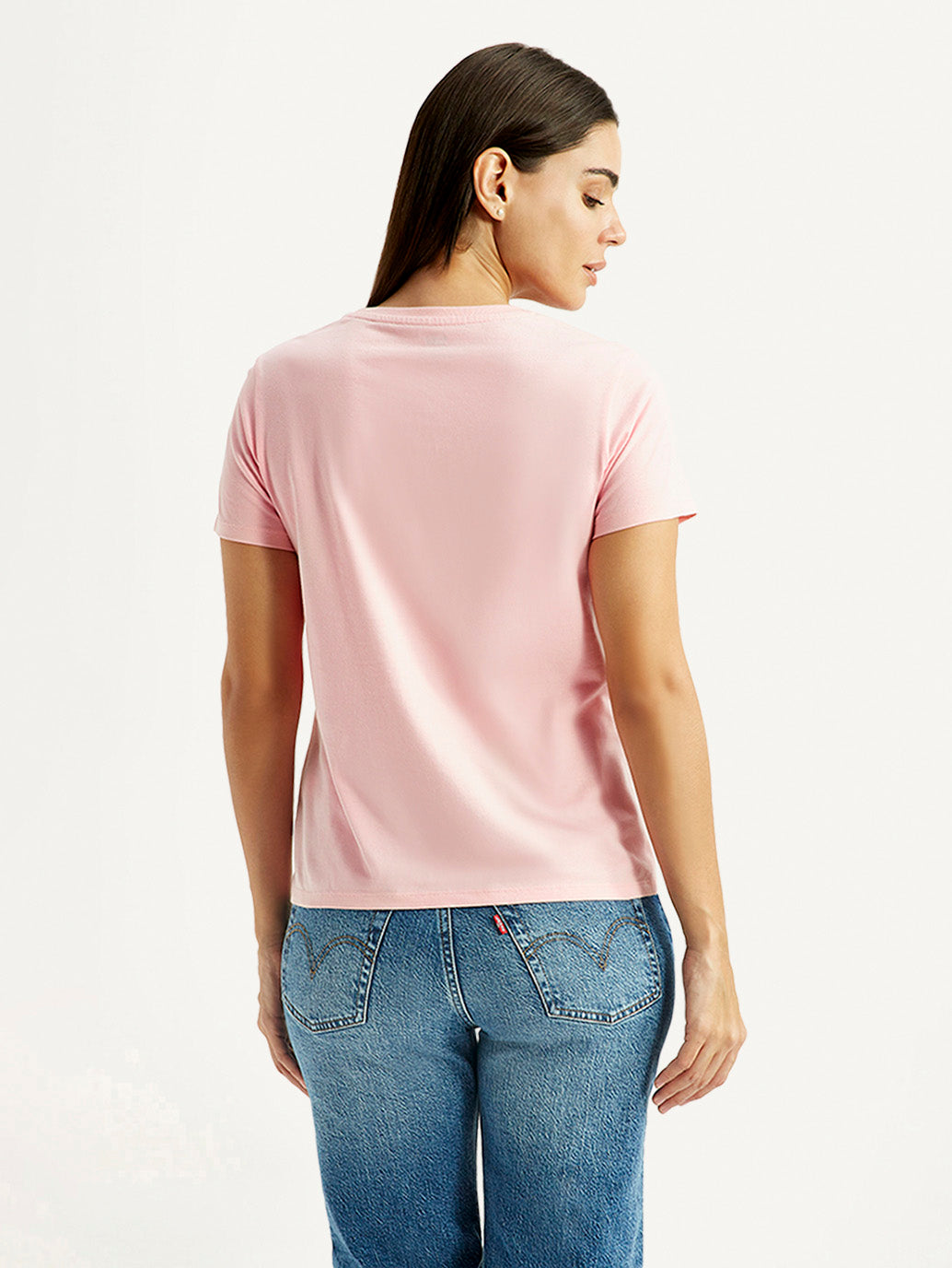 Women's Brand Logo Light Pink Round Neck T-shirt - Back View