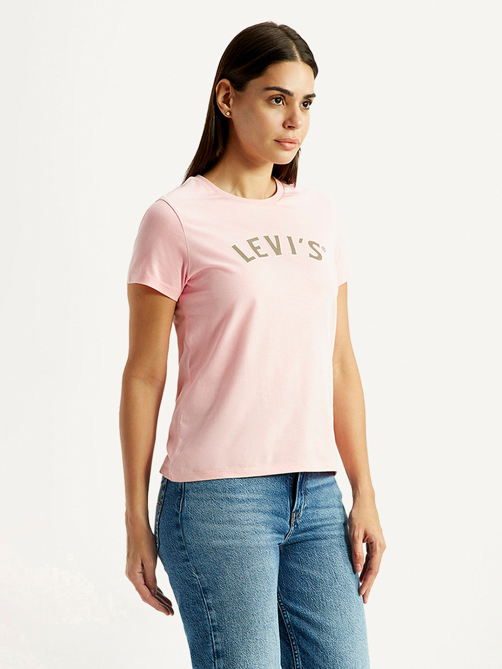 Women's Brand Logo Light Pink Round Neck T-shirt - Side View