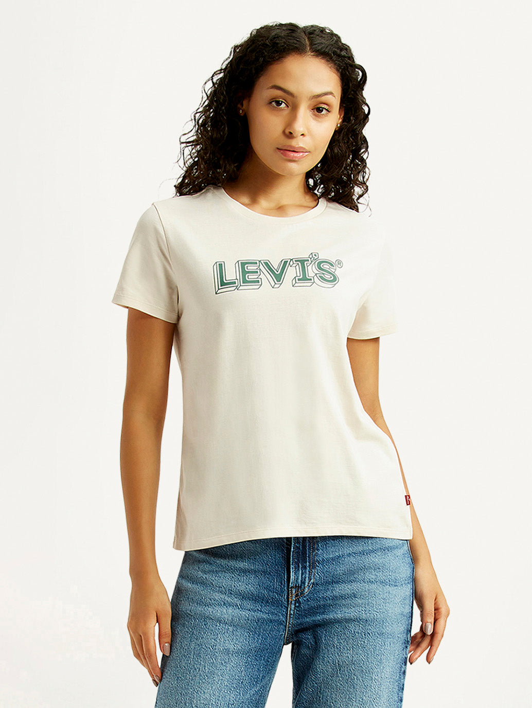 Women's Brand Logo Off White Crew Neck T-shirt - Styleshot View