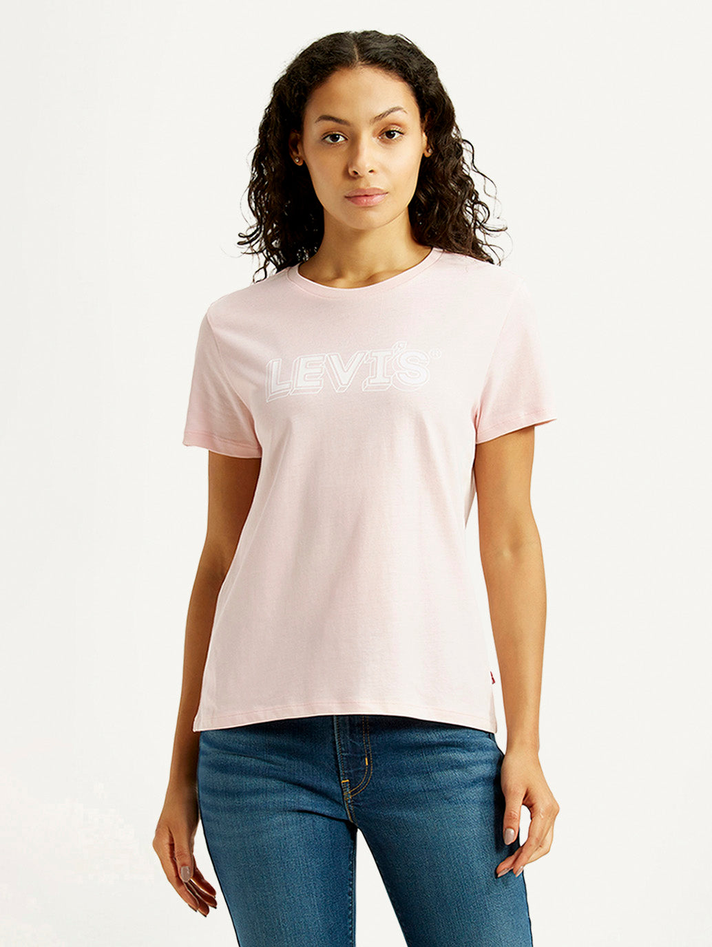 Women's Brand Logo Light Pink Crew Neck T-shirt - Front View
