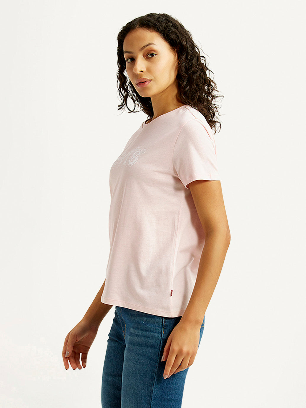 Women's Brand Logo Light Pink Crew Neck T-shirt - Side View