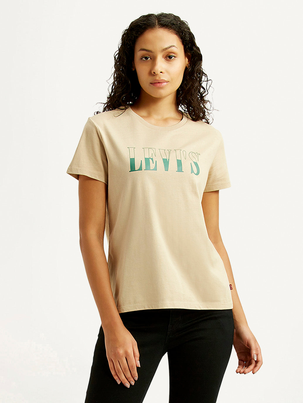 Women's Brand Logo Beige Crew Neck T-shirt
