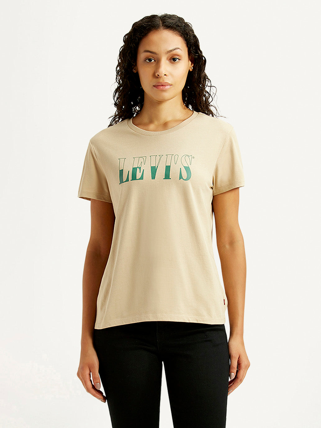 Women's Brand Logo Beige Crew Neck T-shirt - Front View