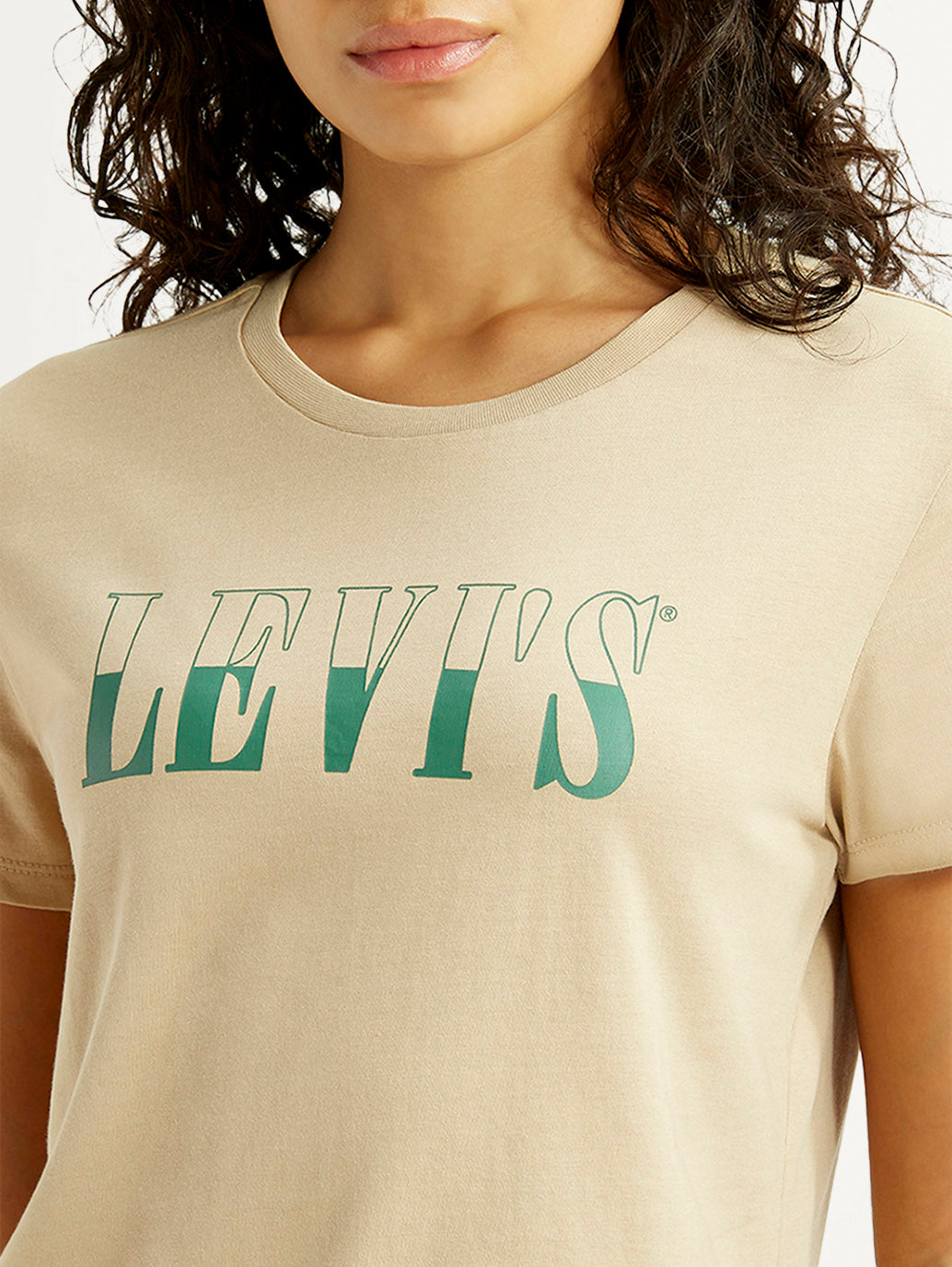 Women's Brand Logo Beige Crew Neck T-shirt - Detail View