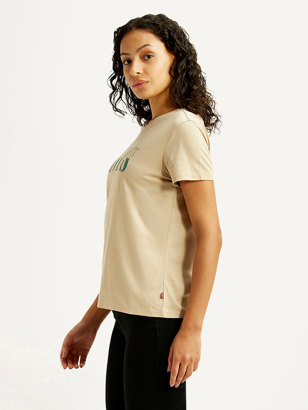 Women's Brand Logo Beige Crew Neck T-shirt - Side View
