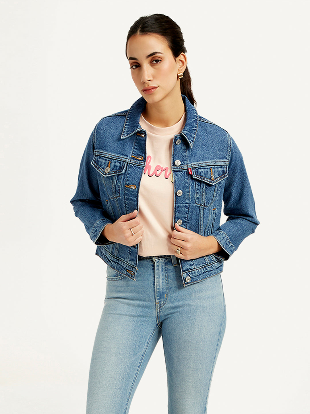 Women's Solid Blue Spread Collar Denim Jacket