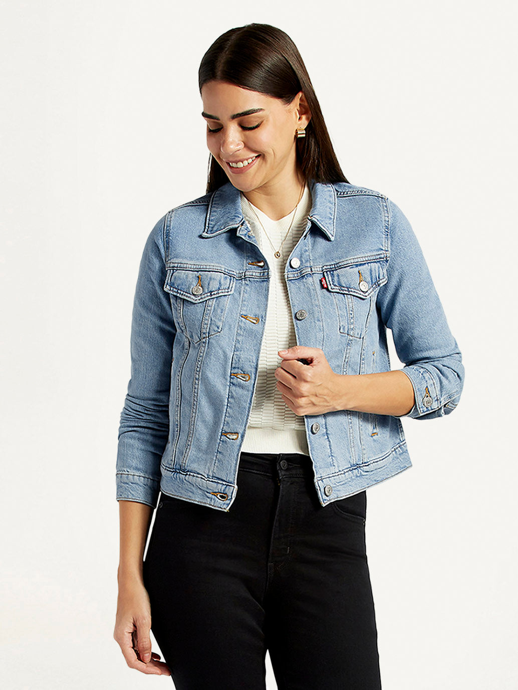 Women's Solid Light Blue Trucker Jacket - Styleshot View