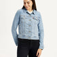 Women's Solid Light Blue Trucker Jacket - Front View