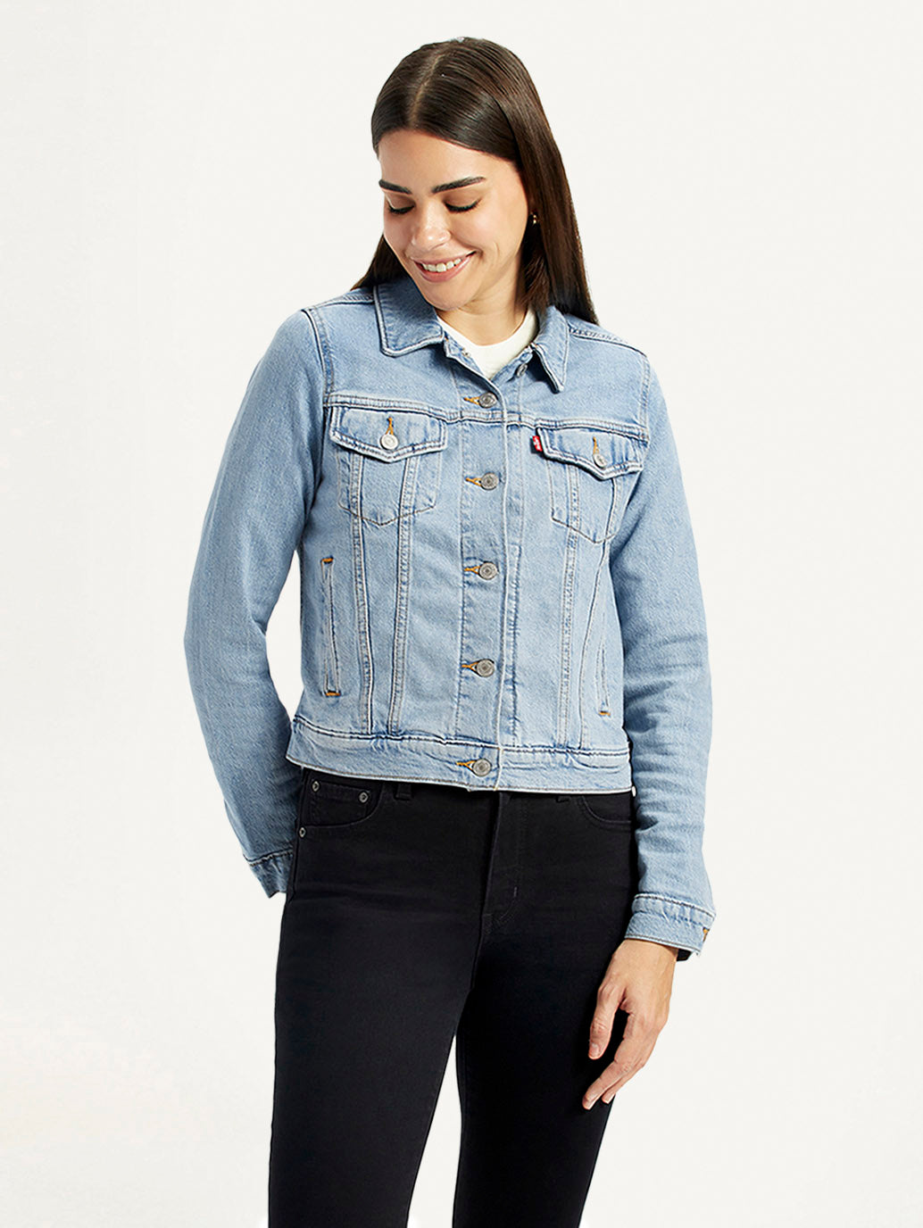 Women's Solid Light Blue Trucker Jacket - Front View