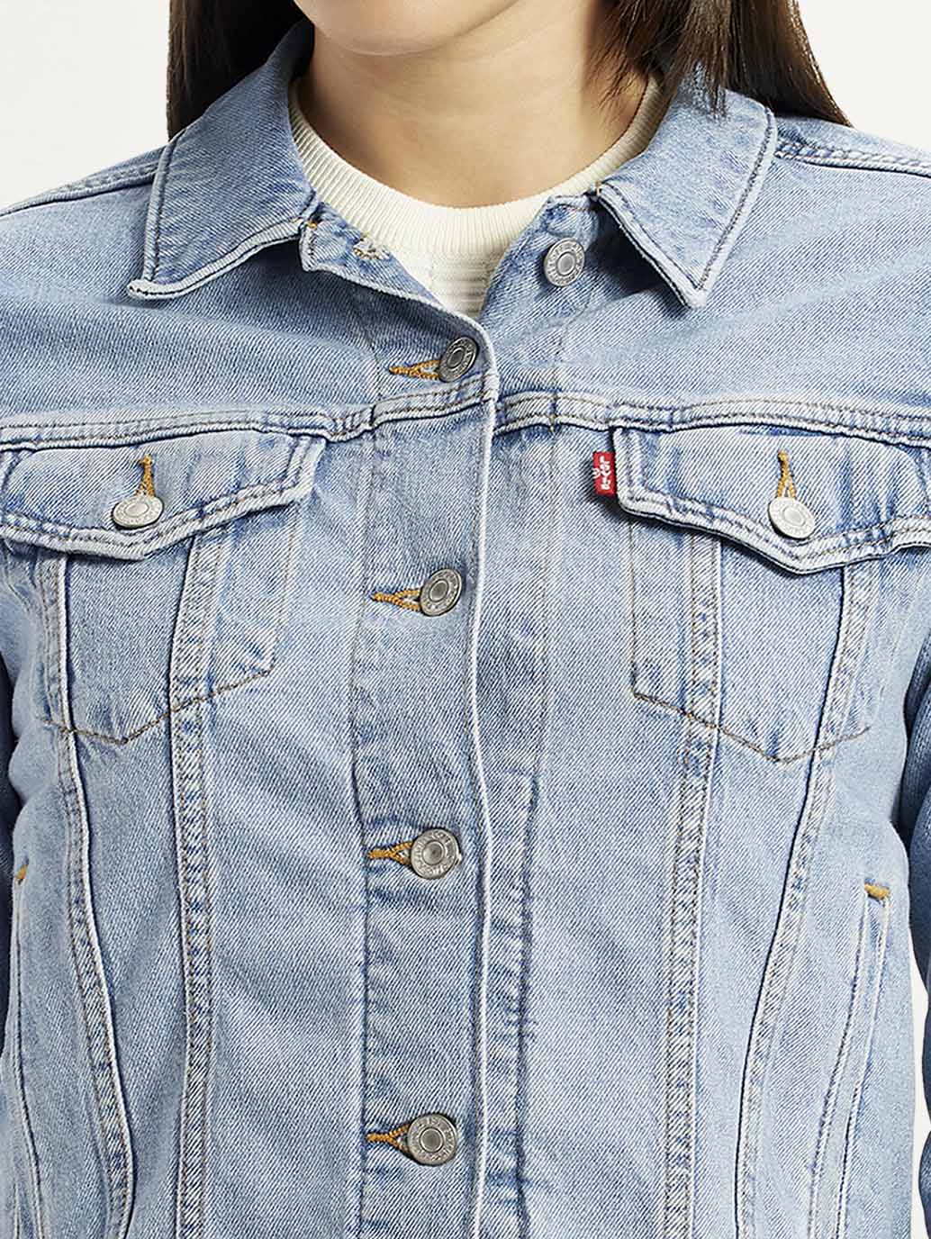 Women's Solid Light Blue Trucker Jacket - Detail View