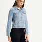Women's Solid Light Blue Trucker Jacket - Side View
