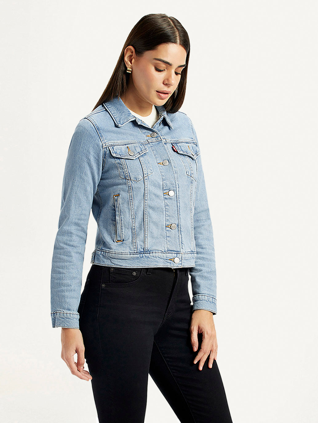 Women's Solid Light Blue Trucker Jacket - Side View