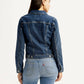 Women's Solid Blue Trucker Jacket - Back View