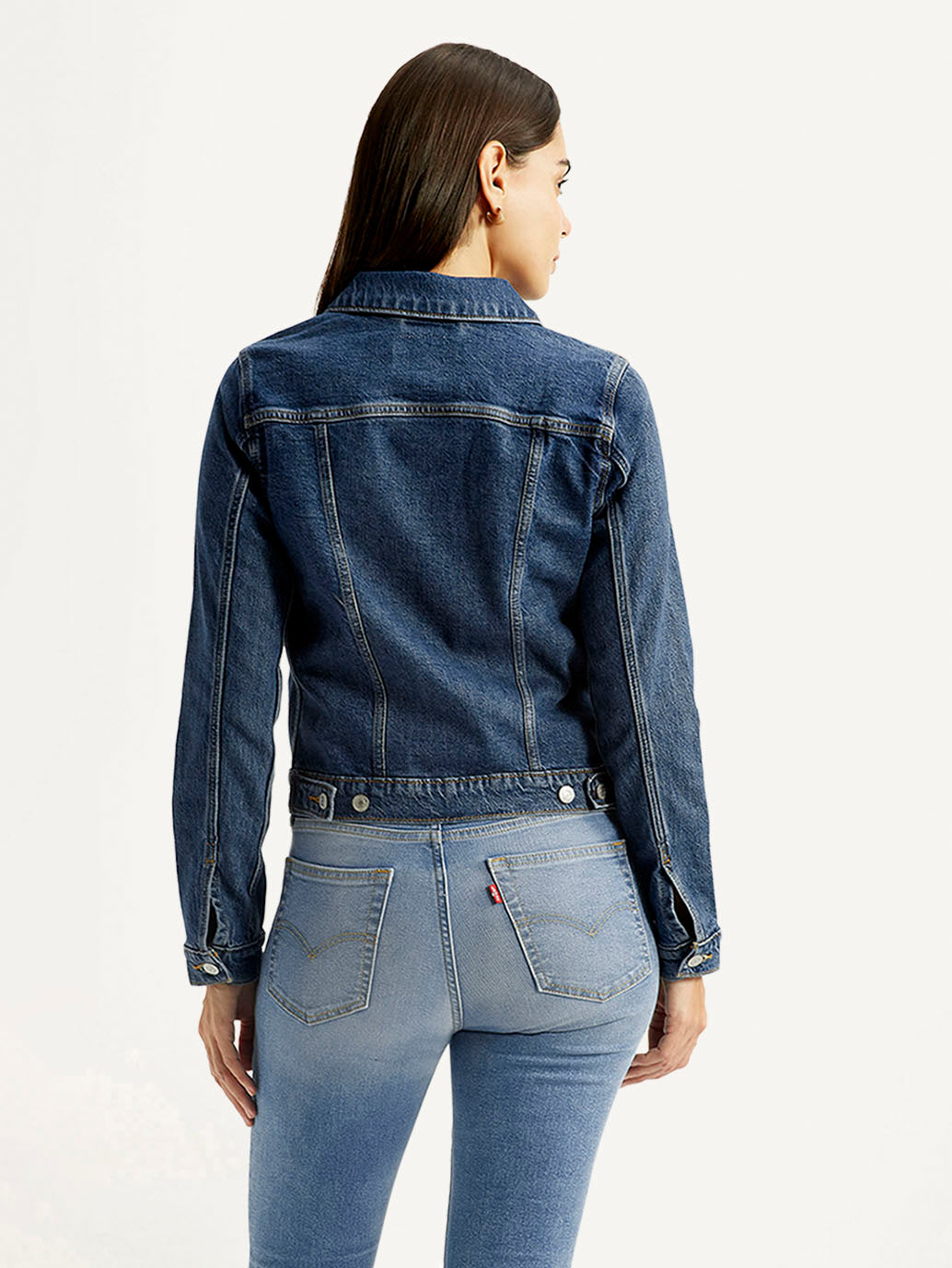 Women's Solid Blue Trucker Jacket - Back View