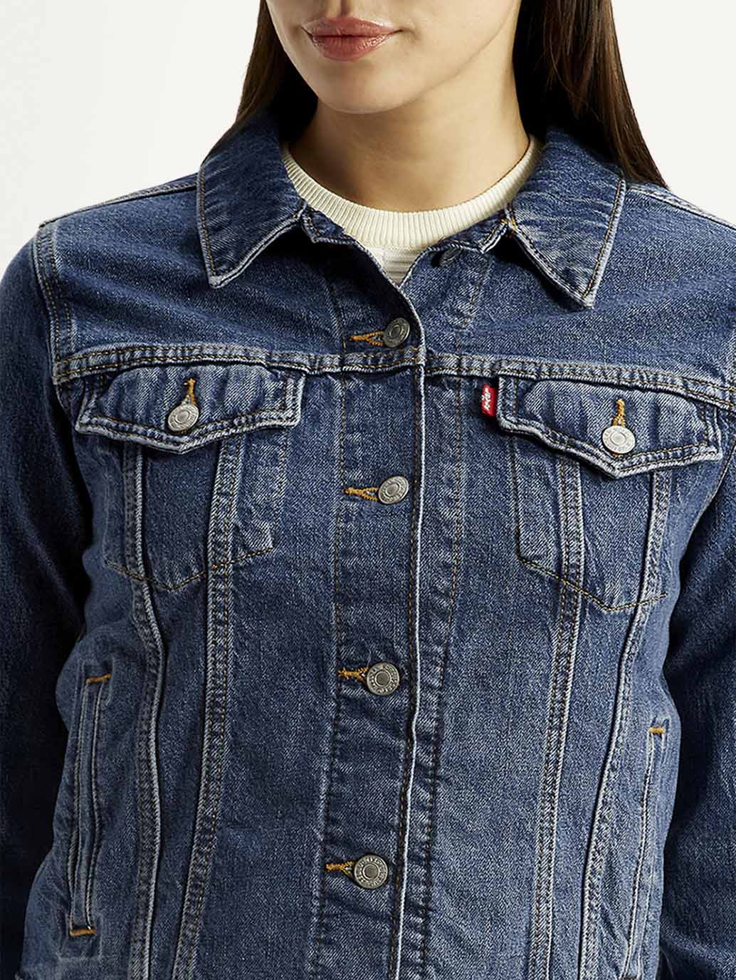 Women's Solid Blue Trucker Jacket - Detail View