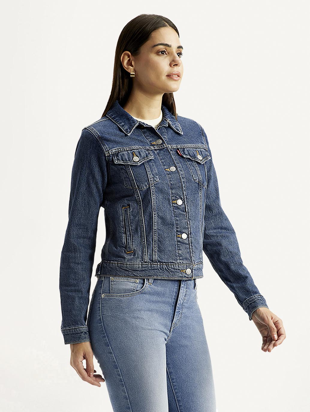 Women's Solid Blue Trucker Jacket - Side View