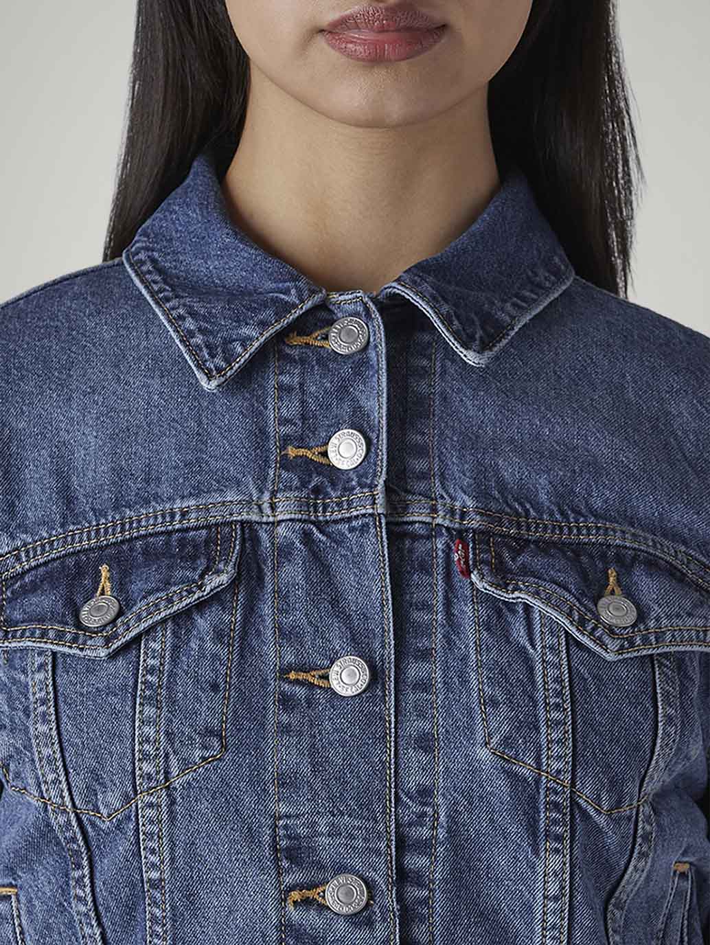 Women's Solid Regular Fit Trucker Jacket - Detail View