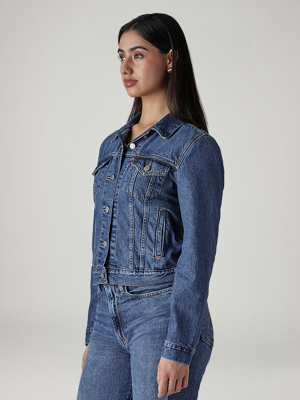 Women's Solid Regular Fit Trucker Jacket - Side View