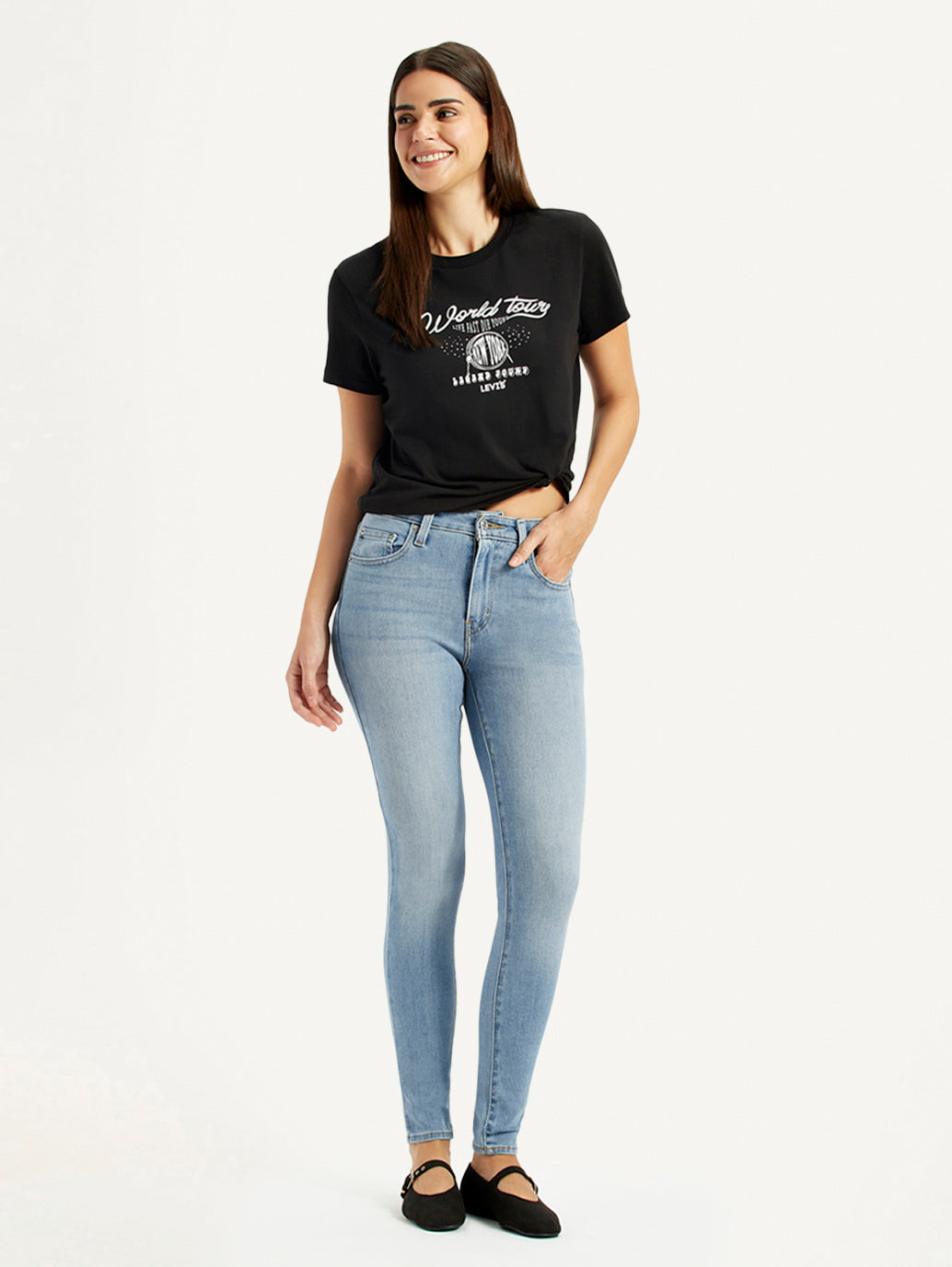 Women's High Rise Skinny Light Blue Jeans - Styleshot View