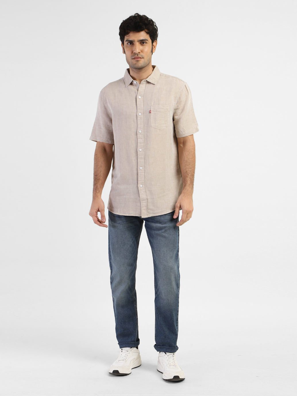 Men's Solid Slim Fit Linen Shirt - Front View