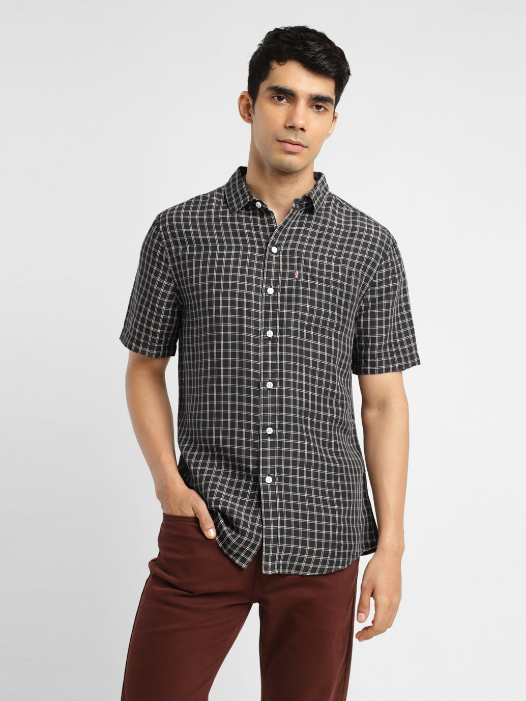 Men's Checkered Spread Collar Linen Shirt
