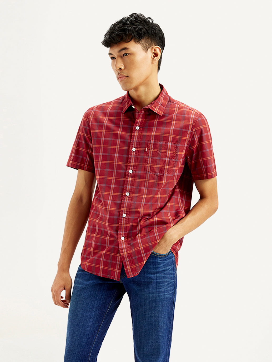 Men's Checkered Spread Collar Shirt - Front View