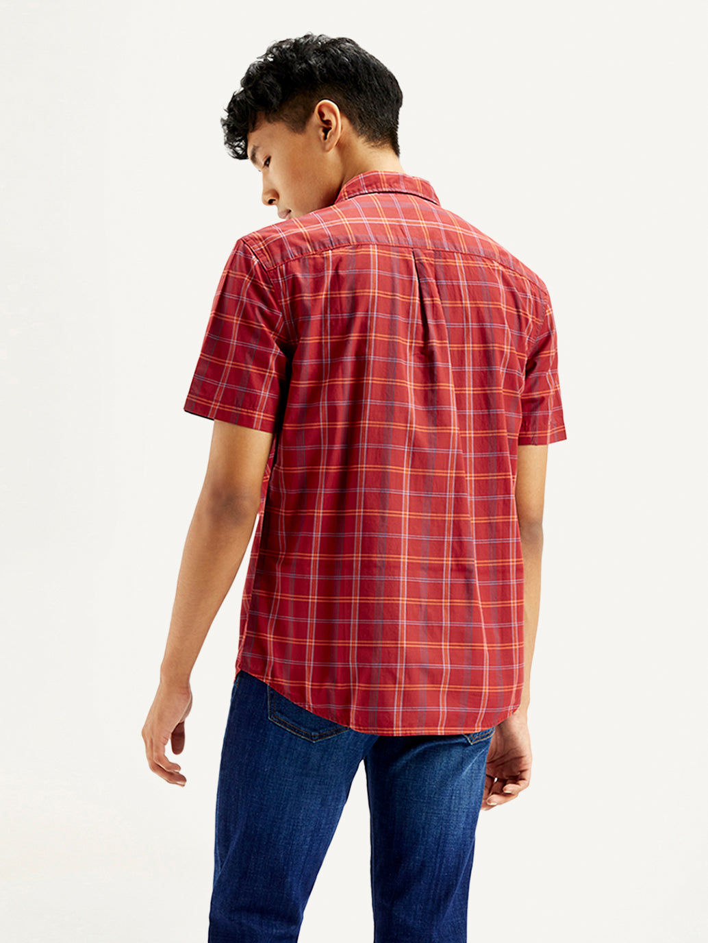 Men's Checkered Spread Collar Shirt - Back View