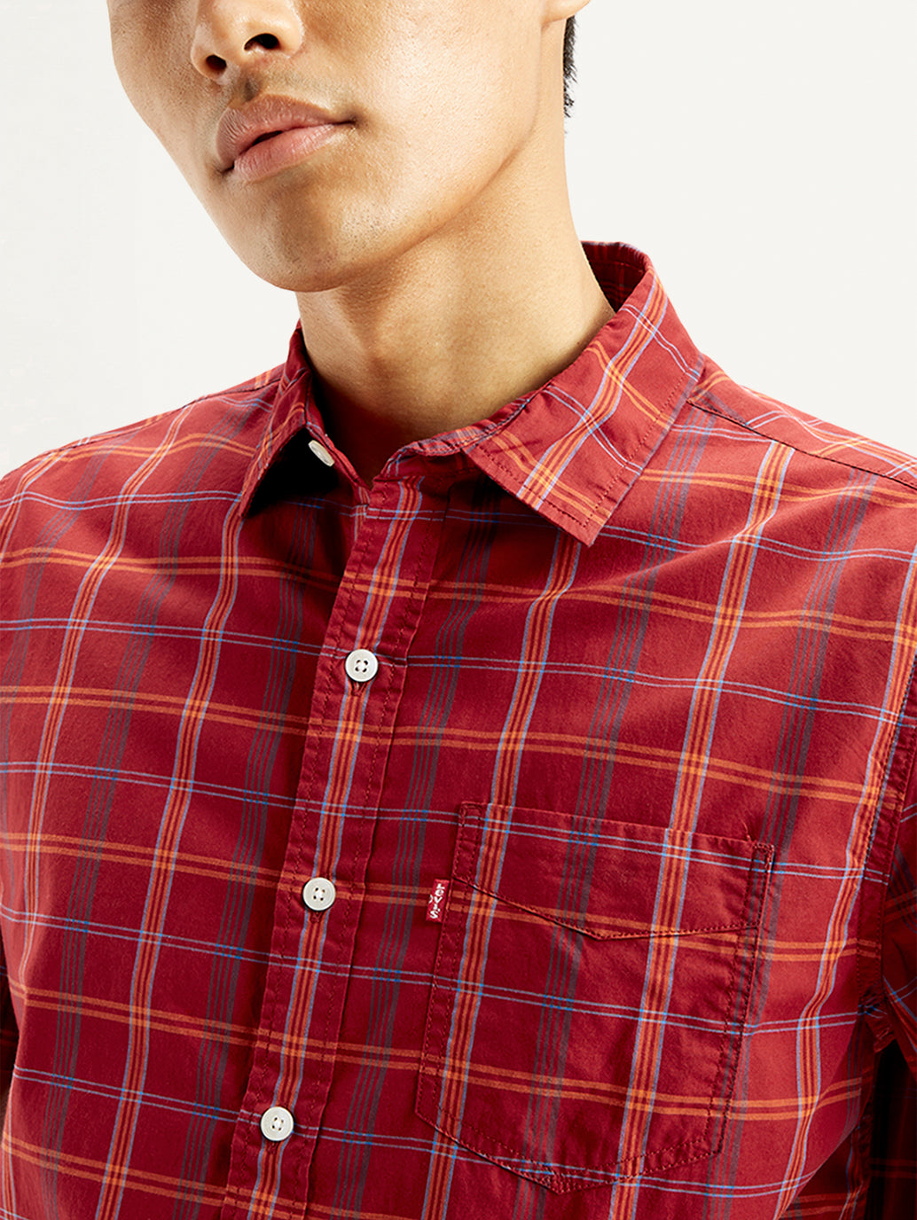 Men's Checkered Spread Collar Shirt - Detail View