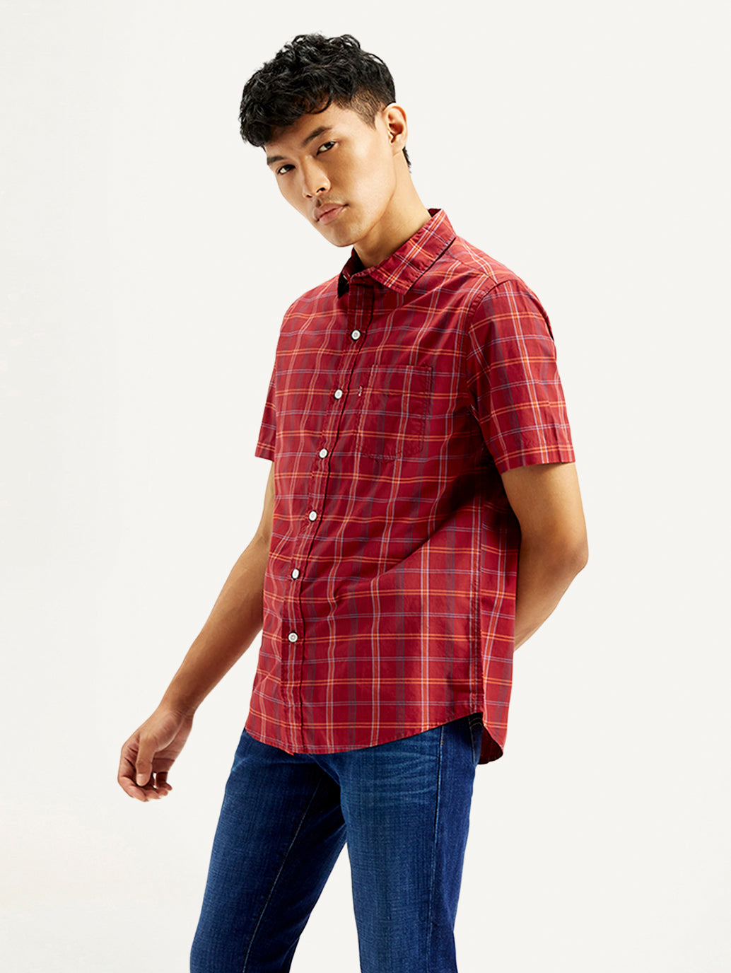 Men's Checkered Spread Collar Shirt - Side View