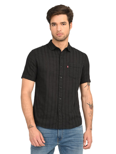Men's Textured Black Slim Fit Shirt-image-34
