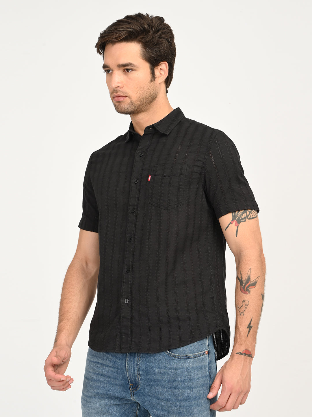 Men's Textured Black Slim Fit Shirt - side View