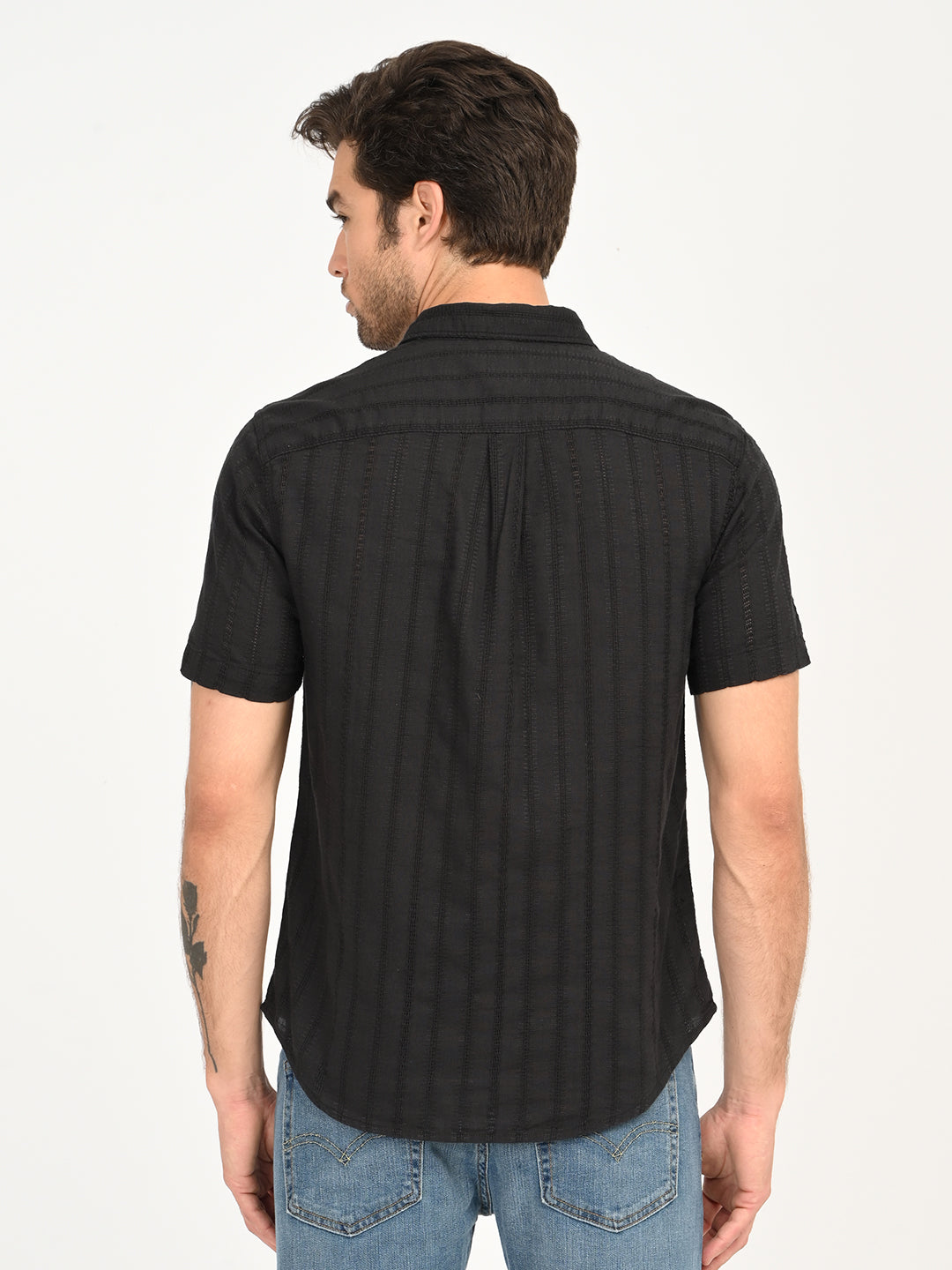 Men's Textured Black Slim Fit Shirt - back View