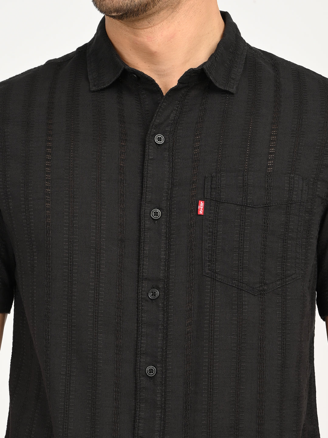 Men's Textured Black Slim Fit Shirt - deatil View