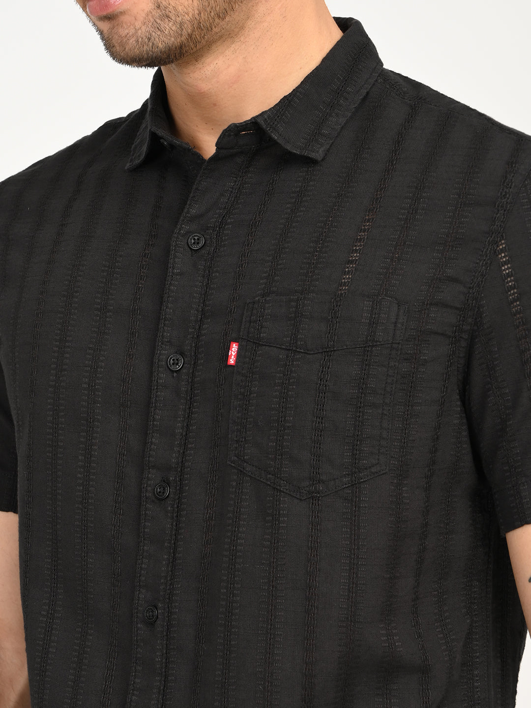 Men's Textured Black Slim Fit Shirt - deatil View