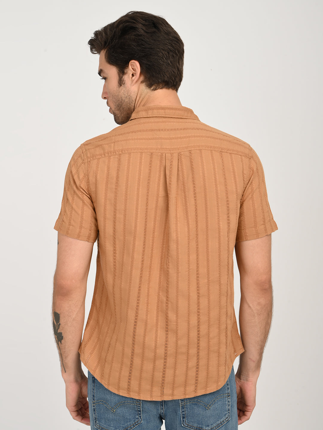 Men's Textured Light Brown Slim Fit Shirt - back View