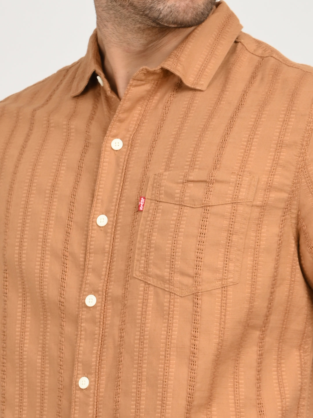 Men's Textured Light Brown Slim Fit Shirt - deatil View