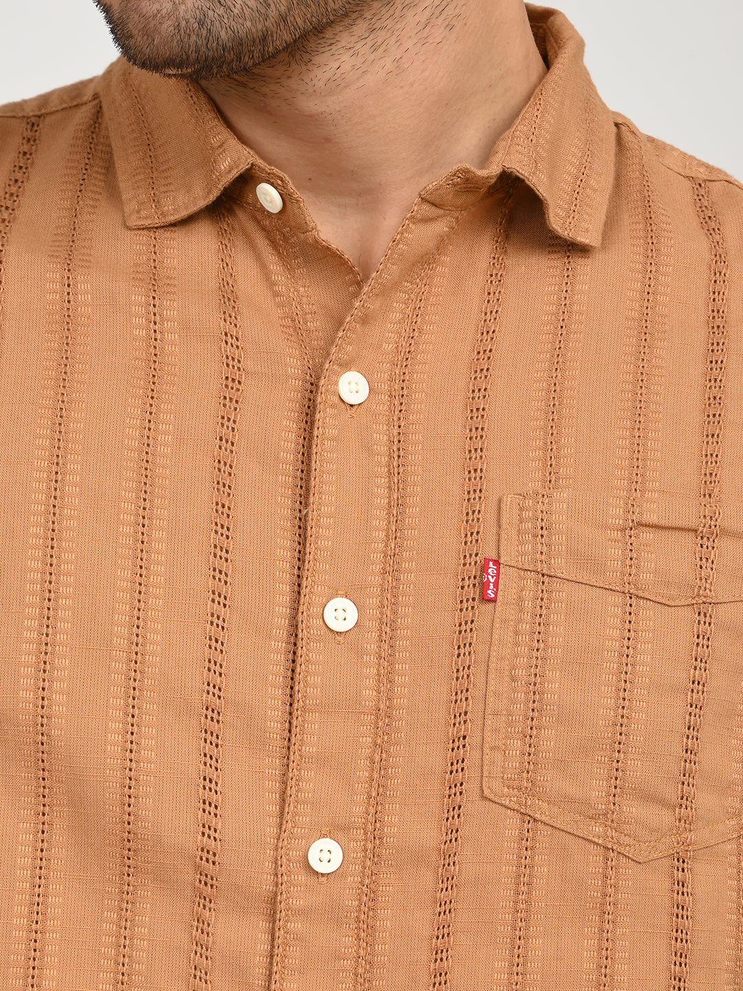 Men's Textured Light Brown Slim Fit Shirt - deatil View