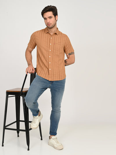 Men's Textured Light Brown Slim Fit Shirt-image-21