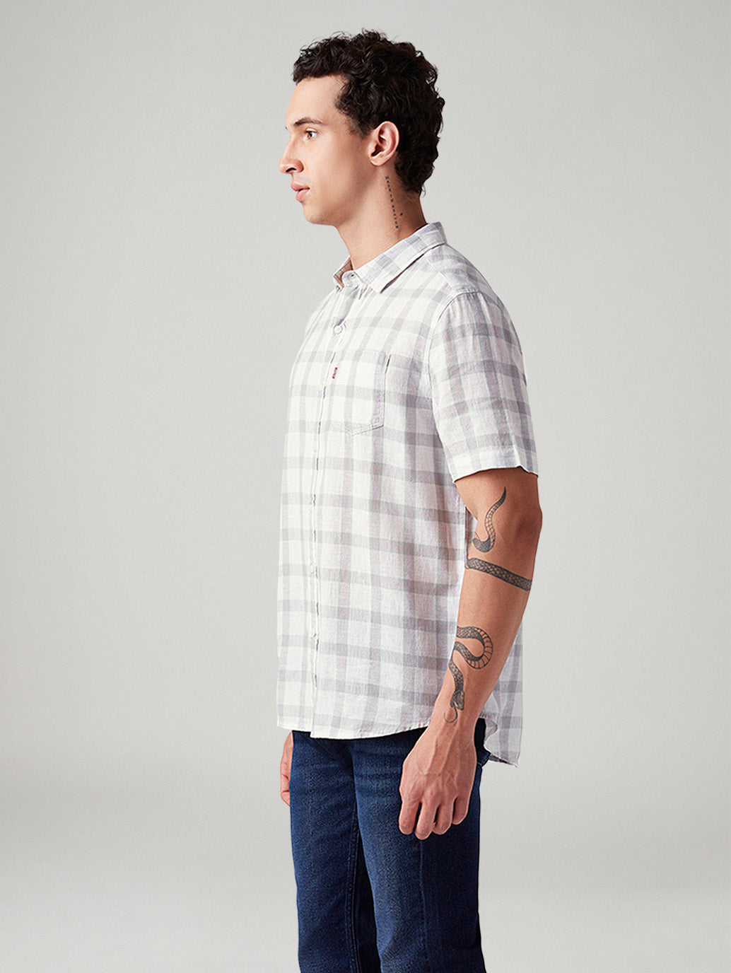 Men's Checkered Slim Fit Linen Shirt - Side View