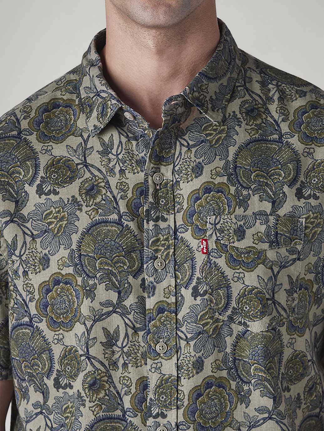Men's Floral Slim Fit Linen Shirt - Detail View