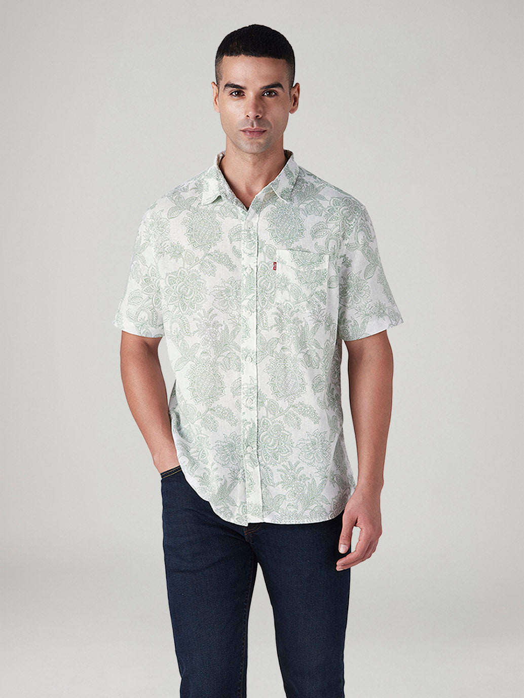 Men's Printed Slim Fit Linen Shirt - Front View