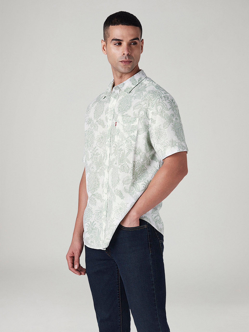 Men's Printed Slim Fit Linen Shirt - Side View