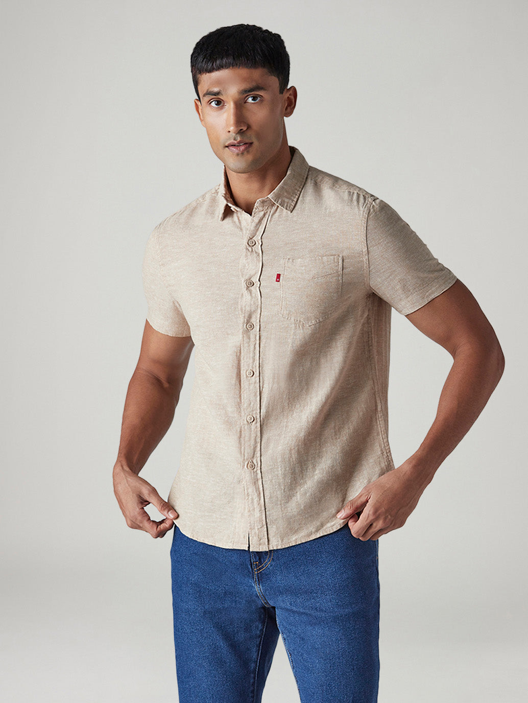 Men's Solid Slim Fit Linen Shirt - Front View