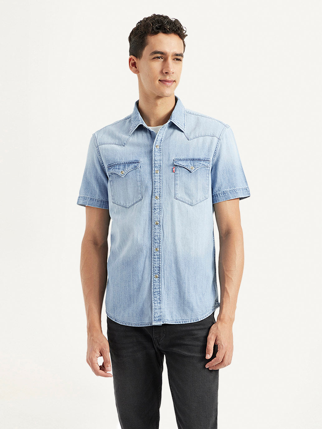 Men's Solid Slim Fit Denim Shirt - Front View